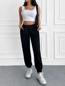 Cloudara Solid Drawstring Waist Slant Pocket Joggers - Black - View 4