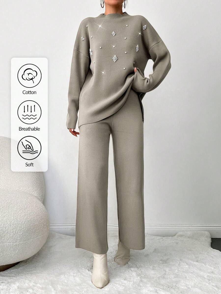 EURMUSE Knitted Rhinestone Studded Drop Shoulder Sweater And Knit Pants Set - Camel - View 1