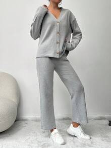 EURMUSE Cotton Drop Shoulder Button Front Tee & Pants - Grey - View 4