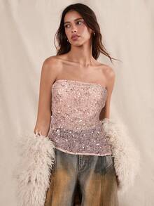 Easelle 粉色亮片时尚抹胸上衣 - 粉色 - 查看 3