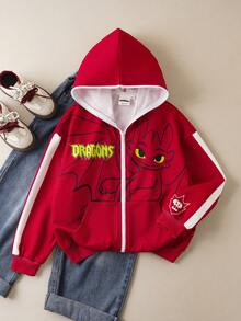SHEIN How to Train Your Dragon 1pc Tween Girl Casual Dragon Print Zip Up Sweatshirt - Red - View 1