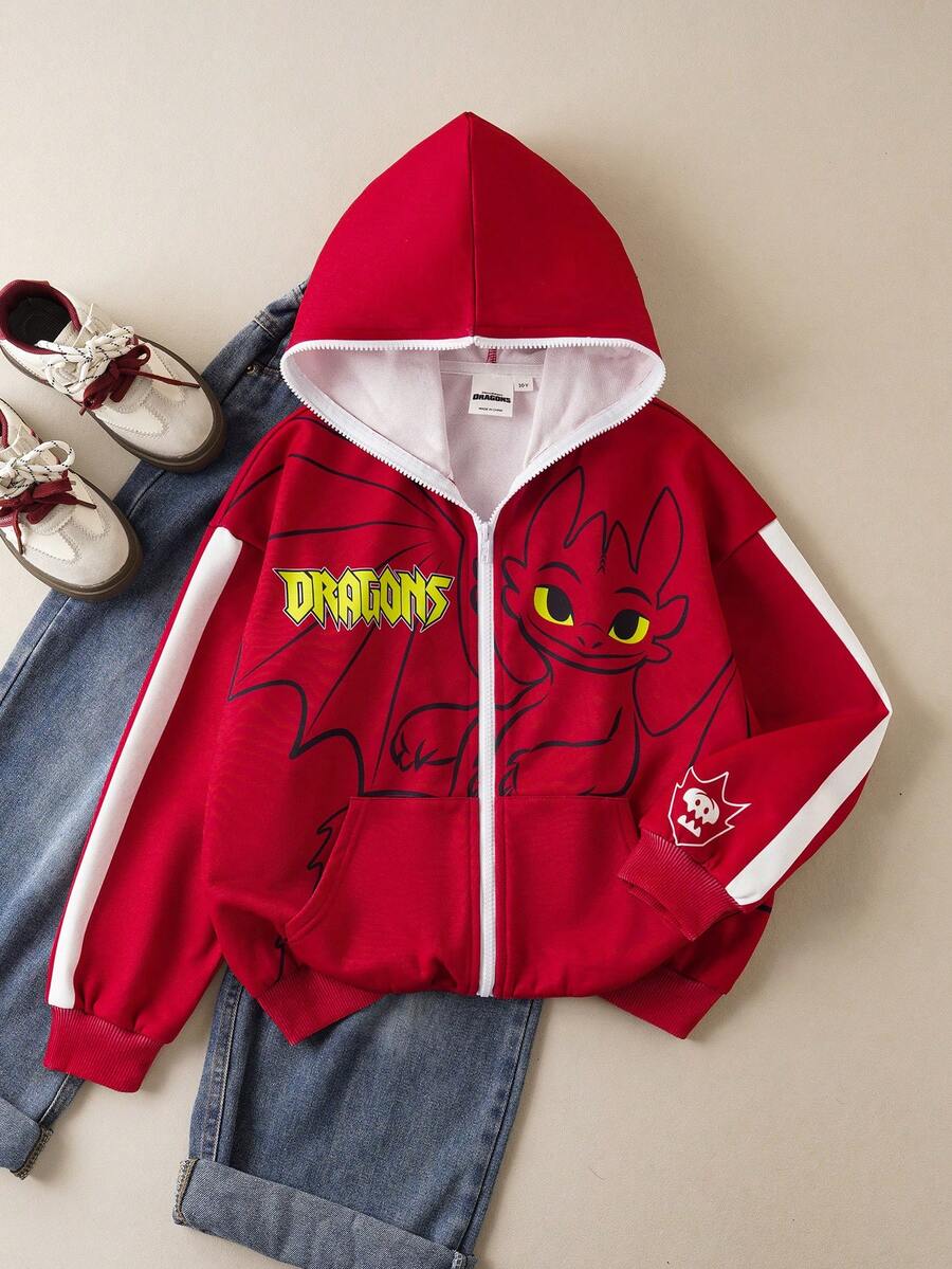 SHEIN How to Train Your Dragon 1pc Tween Girl Casual Dragon Print Zip Up Sweatshirt - Red - View 1