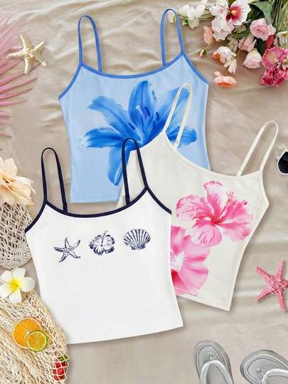 Camiseta de tirantes finos elástica de verano para adolescentes, con estampados retro de flores azules, hibiscos rosas y conchas marinas, y camiseta corta con estampado vintage de hibiscos y conchas marinas de coco para vacaciones en la playa