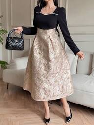 DAZY Vestido de manga abullonada de cuello cuadrado con bloques de color, de longitud media, para primavera/verano