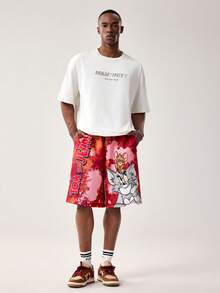 TOM & JERRY X SHEIN Men's Summer Casual Tie-Dye Cartoon Pattern Drawstring Waist Shorts - Red - View 6