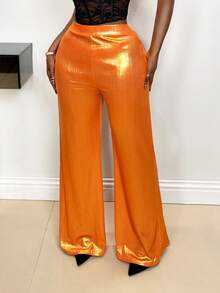 Xyvia Women's Bright Orange Striped Textured Fabric Elegant Chic Birthday Gift, Date, Party, Banquet, Ball, Gathering, Music Festival, Valentine's Day, Labor Day, Easter, Travel, Street Style Spring/Summer Loose Straight Leg Pants, New Arrival Fashion Must-Have Niche Design Versatile - Burnt Orange - View 3