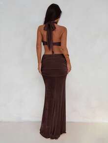Aloruh Women's Asymmetric Wrap Dress With Flowy Ties, Bodycon Mermaid Hem, Suitable For Spring/Summer Vacation - Chocolate Brown - View 3