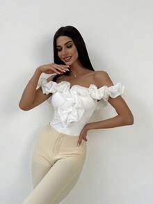 Aloruh Elegant Off Shoulder Sheer Bodysuit, Suitable For Commuting, Dating, Vacation, Wedding Season - White - View 4