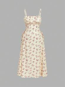 SHEIN MOD Vestido longo feminino plus size com estampa floral e alças com laço, ideal para o verão, formaturas, ocasiões formais e eventos sociais. Perfeito para o verão, festas e eventos formais. Vestido em tons pastel para mulheres. - Amarelo - Ver 6