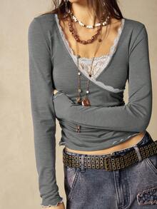 Bohemela Áo thun nữ dài tay cổ chữ V màu trơn dáng ôm vừa vặn - Xám - Xem 2
