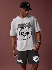 SHEIN Kung Fu Panda Men's Casual Panda Print Round Neck Short Sleeve T-Shirt And Shorts Set, Summer - Grey - View 3