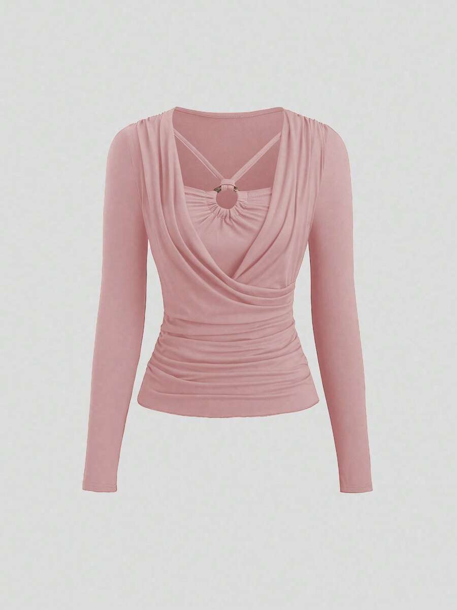 Sweetra 女士纯色环扣长袖褶皱休闲T恤 - 粉色 - 查看 1