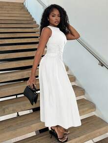 Alexandranx Black Date Night Lateral Cross Frenulum Solid Ruched Detail Long Dress,White Graduation Dress - White - View 5
