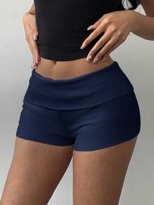 SHEIN BASICS 女士休闲纯色针织低腰修身运动短裤 - 寶藍色 - 查看 4