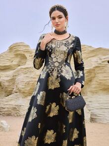 Al Najma Women's Elegant Floral Print V-Neck Arabic Style Dress, Autumn - Multicolor - View 6