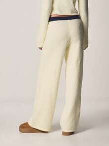 MISSGUIDED 舒适奶油色针织阔腿裤，搭配撞色海军蓝腰带，适合秋冬季居家穿着 - 鵝黃色 - 查看 3