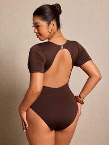 Elaquor Áo tắm liền thân ngắn tay, cổ chữ V, màu trơn, buộc dây, ôm sát dành cho nữ cỡ lớn, thích hợp cho kỳ nghỉ hè ở bãi biển. - Cà phê nâu - Xem 2