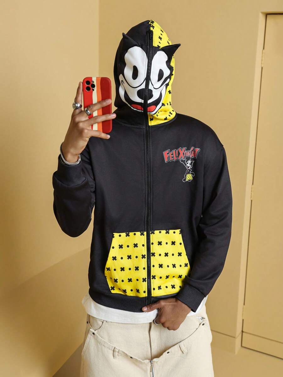 SHEIN Felix The Cat Men's Colorblock Letter & Cartoon Graphic Zip-Up Hoodie - Black - View 1
