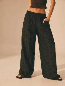 Aralina Women's Low Rise Elastic Waistband Broderie Anglaise Wide Leg Pants Beach Pants Summer Holiday Vacation Pants Comfy Pants Black Pants - Black - View 4