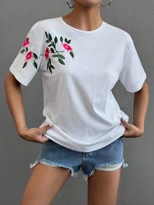 EURMUSE Cotton T-Shirt With Flower Embroidery, Round Collar - White - View 3