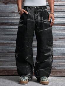 AXEPEAK Men's Washed Loose Casual Pants, Embroidered Design, Stylish & Unique Men Baggy Jeans - Black - View 2