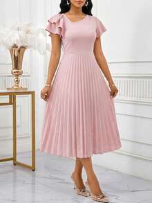 SHEIN Lady Elegant enfärgad asymmetrisk halsringning veckad mellanlång klänning för kvinnor - Rosa - Visa 4