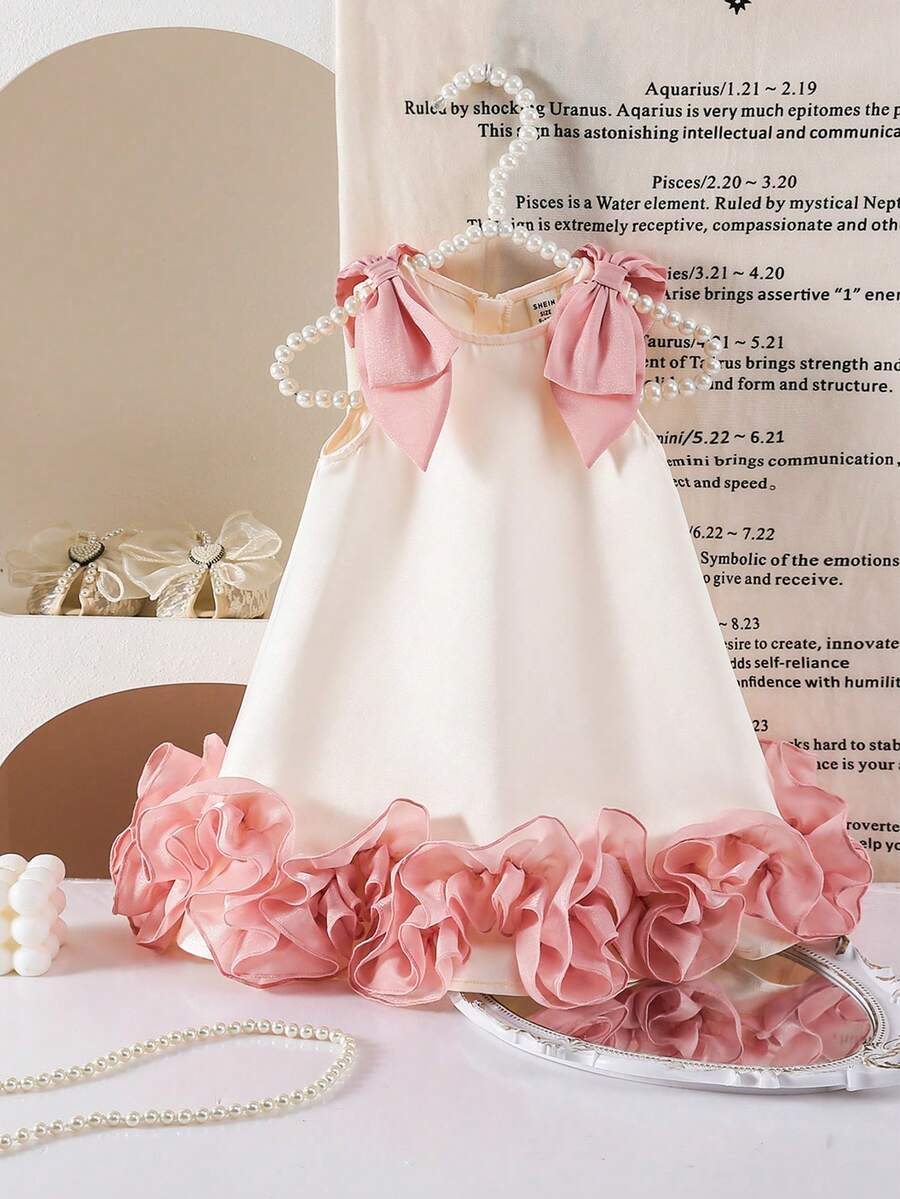 SHEIN Babygirl Elegant & Cute Color Block Bow Sleeveless Dress - Beige - View 1