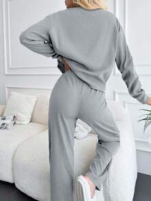 EURMUSE 100%Cotton Rib-Knit Drop Shoulder Tee & Pants - Light Grey - View 2