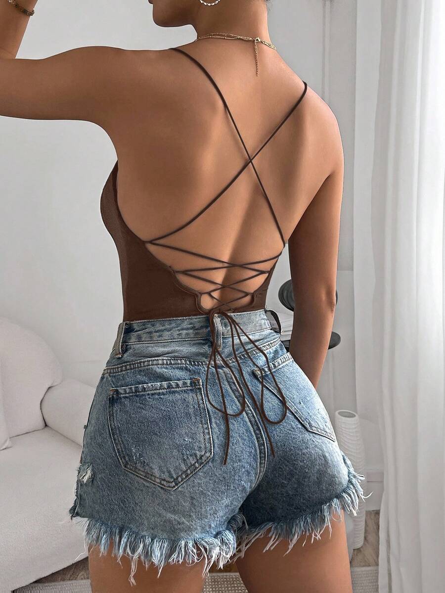 SHEIN Essnce Women's Solid Color Backless Tie-Up Design Casual Bodysuit - Coffee Brown - View 1