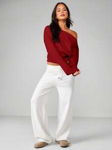 MISSGUIDED Off Shoulder Knit Sweater Long Sleeve Oversized Pullover Fall Winter Casual Top - Burgundy - View 3