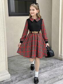 Serisse Kids Tween Girl Woven Plaid Snug Fit Casual Dress - Red - View 1