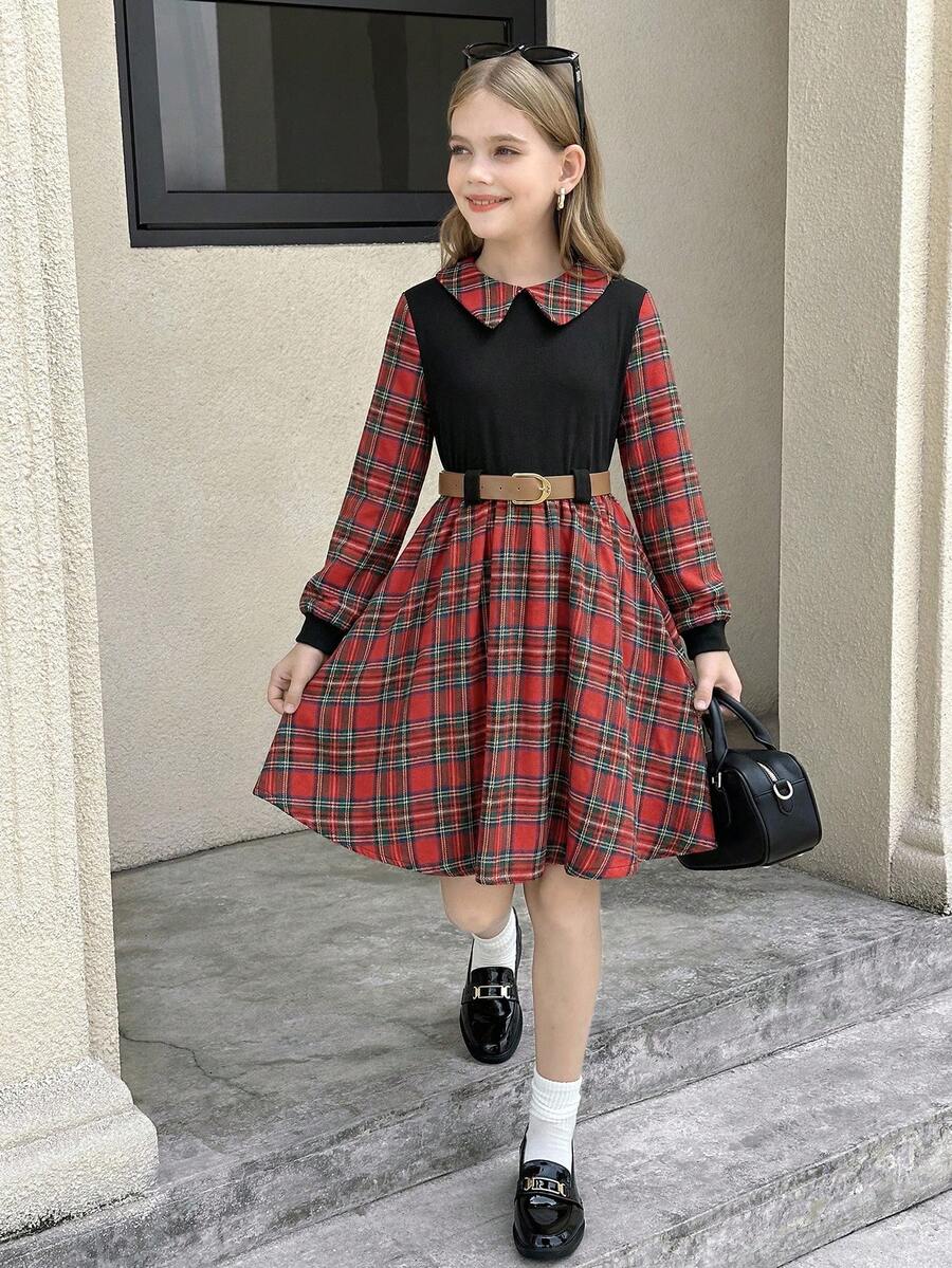 Serisse Kids Tween Girl Woven Plaid Snug Fit Casual Dress - Red - View 1