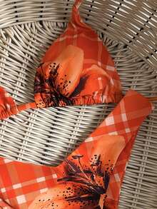 Swim Mod Conjunto de bikini con cuello de halter estampado y decoración metálica para mujer, primavera/verano