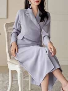 DAZY Vestido largo de unicolor elegante con cuello de blazer y bolsillo falso para mujer, primavera/otoño - Azul - Ver 8