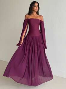 Aloruh Đầm chữ A xếp ly tay loe trễ vai màu đỏ rượu vang trơn mới dành cho nữ, chất liệu chiffon. - Màu Đỏ Sâu - Xem 4