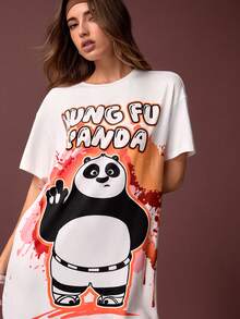 Kung Fu Panda X SHEIN Đầm ngủ tay ngắn in chữ và hình gấu trúc hoạt hình dành cho nữ, kiểu dáng thường ngày, thích hợp cho mùa hè. - trắng - Xem 4