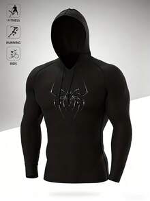 Manfinity Sport Corelite 男士蜘蛛印花修身连帽卫衣防晒衣男士运动卫衣压缩上衣运动服压缩上衣男士压缩衬衫 - 黑色 - 查看 1