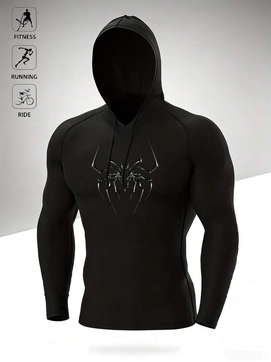 Manfinity Sport Corelite 男士蜘蛛印花修身连帽卫衣防晒衣男士运动卫衣压缩上衣运动服压缩上衣男士压缩衬衫 - 黑色 - 查看 1