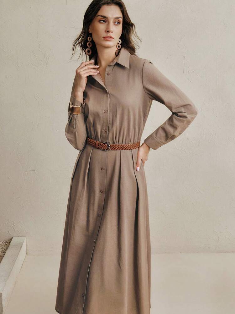 Women's Elegant Vacation SoftLinen Woven Belt Shirt Dress, Vacation Dress, Casual Dresses For Women