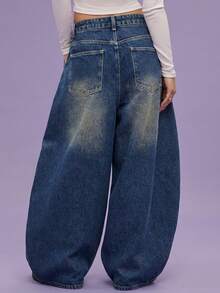 COUREZ 低腰宽松牛仔裤，浅蓝色水洗，街头休闲，Y2K风格，休闲音乐节风格，棉质牛仔布，复古棉质 - 藏蓝色 - 查看 2