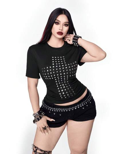 Whyspr Y2K Punk Goth Sexy Cross Graphic Rhinestone Embellished Round Neck T-Shirt For Women