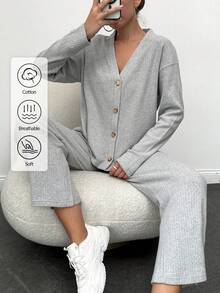 EURMUSE Cotton Drop Shoulder Button Front Tee & Pants - Grey - View 1