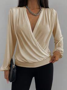 EURMUSE Cotton Solid Surplice Neck Lantern Sleeve Blouse - Apricot - View 5