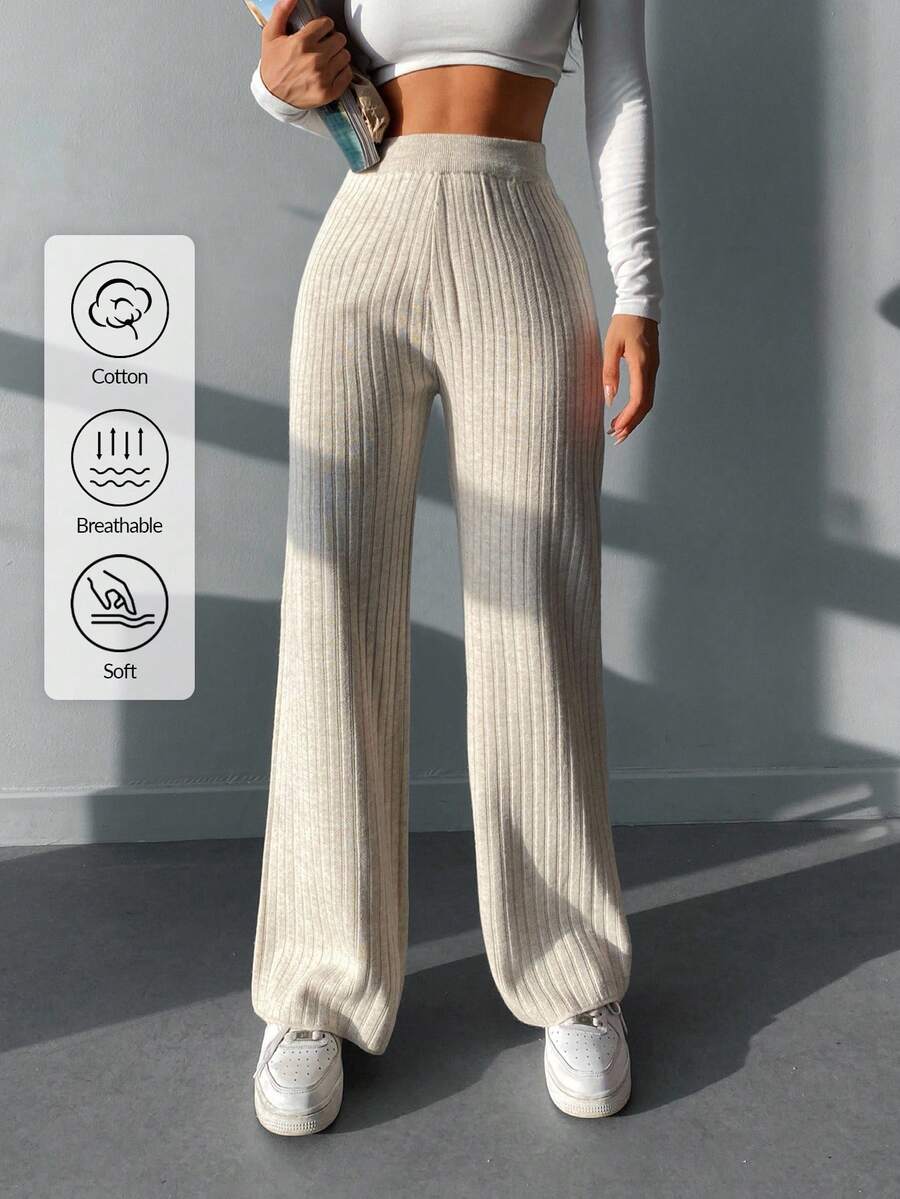 EURMUSE Solid Rib Knit Wide Leg Trousers - Apricot - View 1