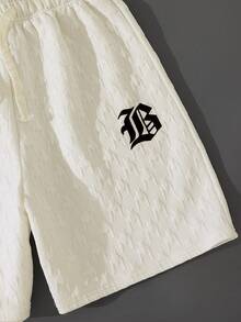 SHEIN White Teen Boys Letter Pattern Round Neck Half Sleeve Tee And Drawstring Track Shorts Set Everyday Casual Polyester Outfit - White - View 8