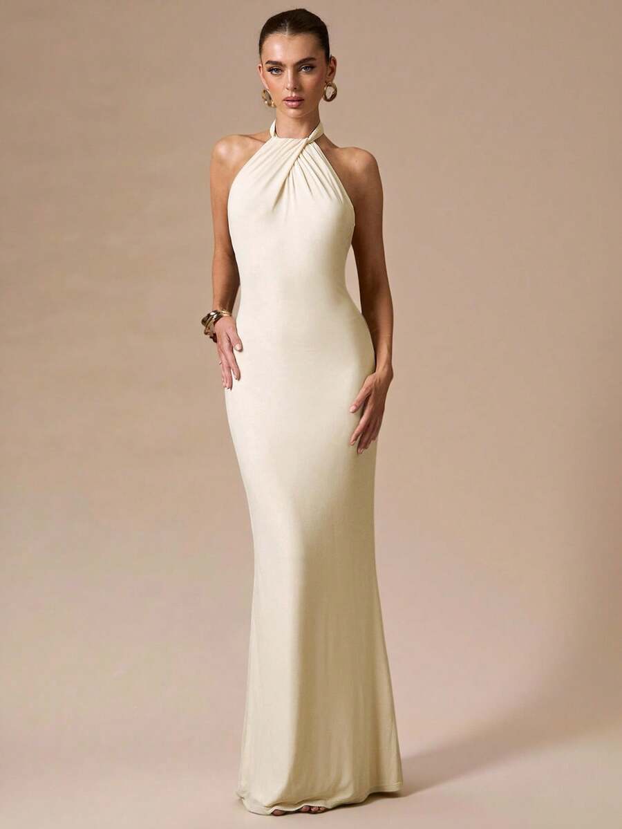 SHEIN BAE Vestido Bodycon Fishtail Decotado Cor de Damasco para Mulheres, Vestido Elegante Cor de Damasco Adequado para Coquetel, Encontro Romântico, Reunião, Evento Formal, Vestido de Dama de Honra, Vestido de Verão, Chá da Tarde, Natal, Ano Novo, Dia dos Namorados - Damasco - Visão 1