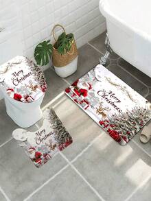 3 PiecesSanta Claus Print Bathroom Set With Christmas Elements. The Set Includes A Bathroom Rug, A U-Shaped Toilet Seat Cover, And A Non-Slip Toilet Seat Mat With A Rubber Backing. It's A Washable Flannel Stain-Resistant Bathroom Accessory. - Multicolor - View 3