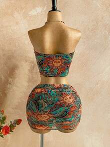 Soleia 女士度假印花拼接串珠链抹胸上衣和低腰拼接复古串珠链两件套，适合派对、约会、夜店、海滩、邮轮、下午茶等场合，波西米亚风，度假，秋季女装，复古 - 彩色 - 查看 2