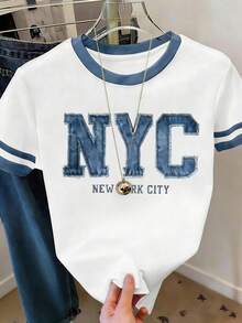 EMERY ROSE 大码女士Y2K街头风T恤 - 印有“NYC”字样，休闲风格，白色底蓝色滚边，夏季时尚日常穿着的完美之选 | Y2K | 时尚文字设计，女士T恤 - 彩色 - 查看 3