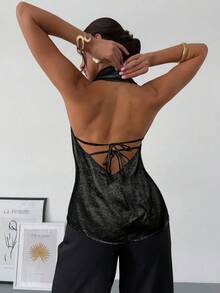 Firerie Women's Elegant Sexy Delicate Romantic Party Daily Commute New Metallic Coated Backless Halter Champagne Color Blouse - Black - View 5